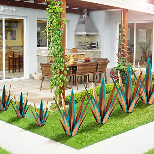 Image of KODIBO 24 inch Metal Agave Plant Outdoor Decor, Large Garden Sculpture, Blue | Rust-Resistant Finish, Hand-Painted Metal, Tequila Rustic Sculpture, Desert Steel Yard Art, Southwestern Outdoor Garden Decor