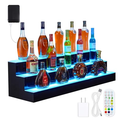 3 Tiers LED Lighted Liquor Bottle Display,30 in LED Liquor Shelf with Remote & App Control,Bottle Shelf 16 Colors,4 Modes,Multi-Color Lighting Modes,B