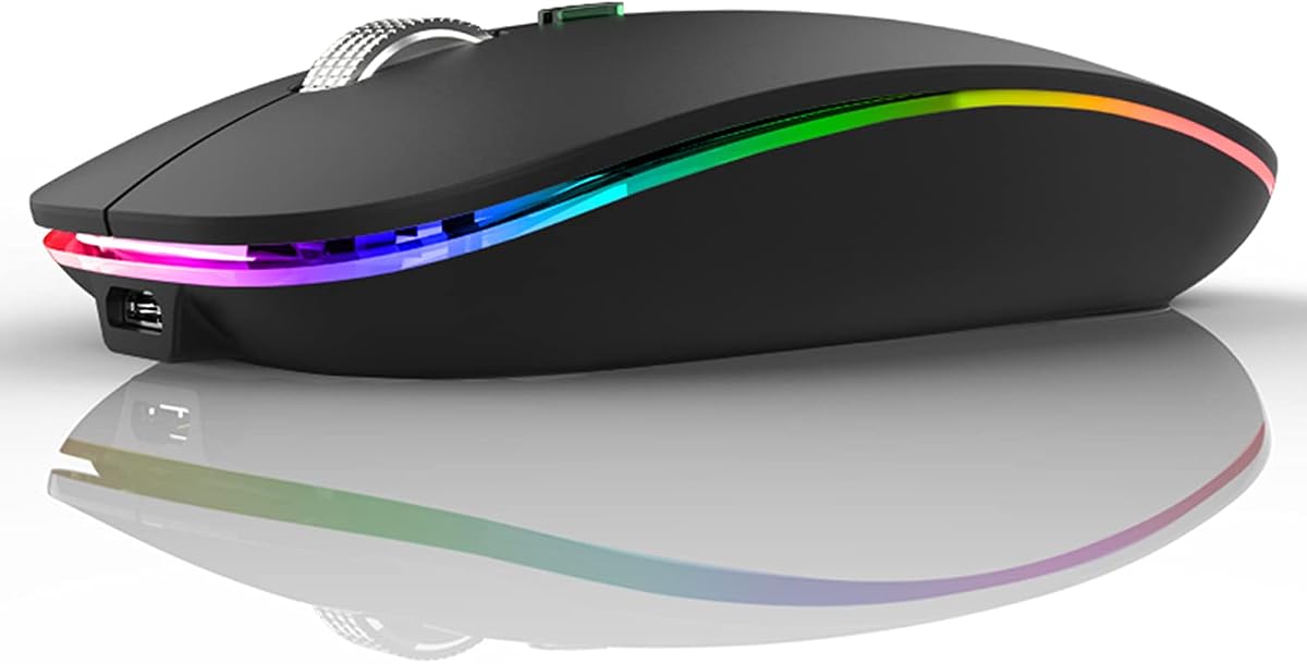 LED Wireless Mouse, G12 Slim Rechargeable Silent Mouse Matte Black | 2.4GHz Optical, USB C Charging, Quiet Click, LED, Portable, 1600DPI, USB Receiver, Type C Adapter, Cordless, for Laptop/Mac