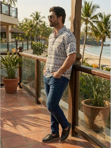 Image of BROWN CULTURE Men's Cotton Blend Abstract Print Shirt with Spread Collared Half Sleeves Standard Length and Button Down Closure Type | Shirt for Man