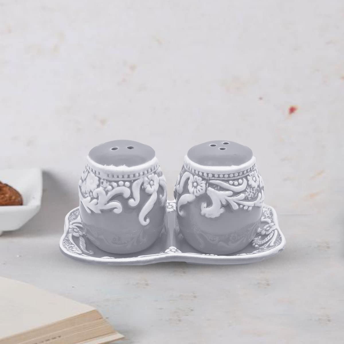 Kookee Ceramic Salt and Pepper Shaker Set with Tray | Grey White (8567) — Amazon image 6