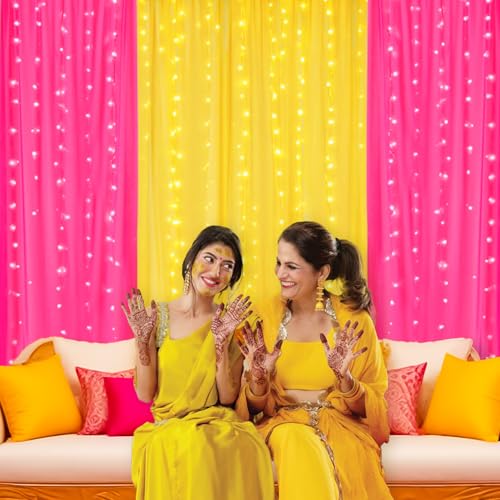 Image of Party Propz Yellow and Pink Backdrop Decoration with Curtain Light, Haldi Backdrop Decorations Set, Haldi Decoration Items for Home Decor, Pooja Background Decorations Items(Satin)(6Pc)