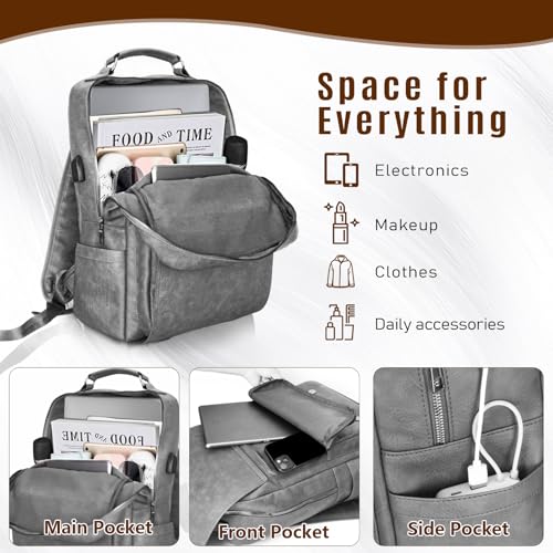 Laptop Backpack for Men Womne 15.6 Inch Waterproof Daily Purse Casual Carry On College Daypack with USB Charging Port Airline Flight Approved Personal Item Bag for Work School Travel (Gray)3