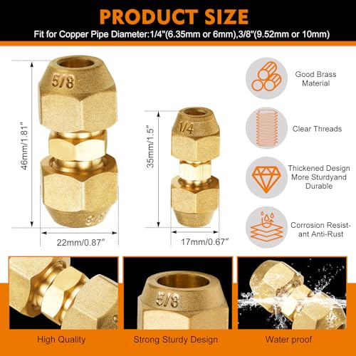 Image of Relaxweex 4 Pcs Copper Flare Coupling Connectors with Nuts HVAC,1 /4 inch 5 /8 inch | 1 /4 inch 5 /8 inch Compression Fittings for Copper Tubing, Air Conditioning Refrigeration, Flare Nut Adapters, Tube Connections