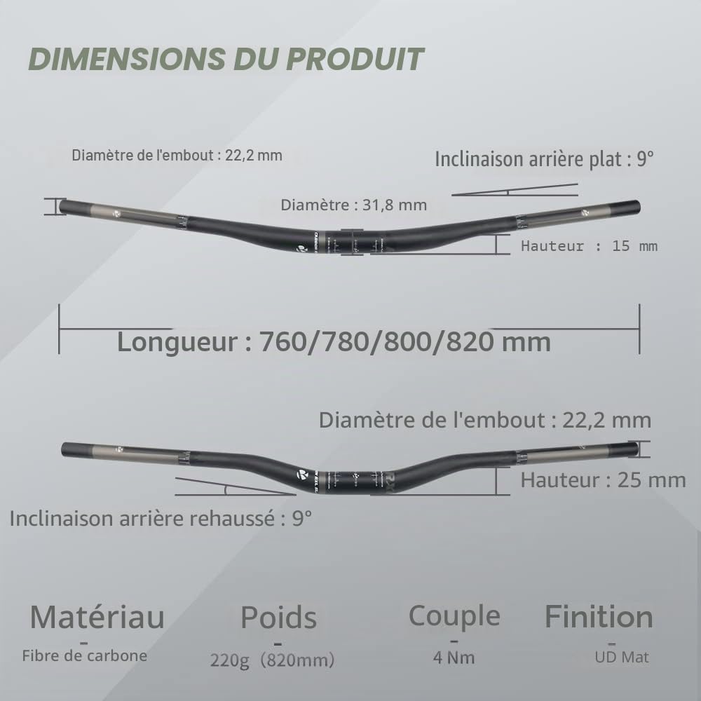 RXL SL Cintre VTT Carbone 31.8 Relevé - Guidon Plat pour Vélo Downhill - Accessoires VTT - UD Mat 800mm | Guidon de descente UD en carbone mat, diamètre de serrage de 31,8 mm, compatible avec la plupart des potences de VTT