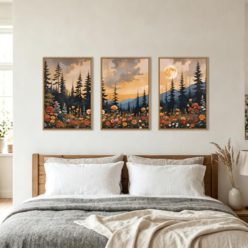 Image of KAIRNE Mountain Wildflower Landscape Framed Canvas Wall Art Set,Vintage Moon Pine Tree Wall Decor,Rustic Forest Art Prints,Retro Scenery Artwork for Living Room,Bedroom,Farmhouse,Office-16 x24 x3