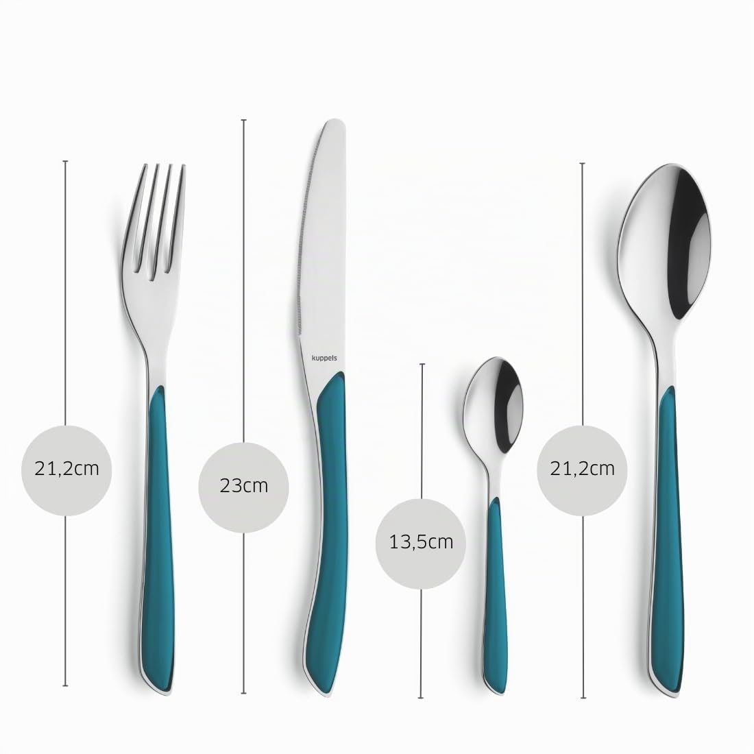 Kuppels Juego de cubiertos Prisma para 6 personas de acero inoxidable pulido, 24 piezas, mango de plástico en petróleo, inoxidable, cubiertos para 6 personas, apto para lavavajillas | Mango de plástico pulido, acero inoxidable, apto para lavavajillas, ele