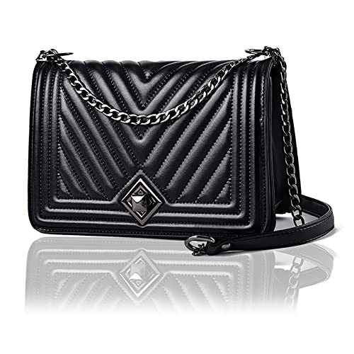Travistar Kleine Umhängetasche Damen Handtasche - Schwarz Kette Schulterriemen Abendtasche - Vegan Leder Feste Schultertasche Mode City Kupplung Tasche Klappe Reißverschluss Crossbody Bag Cover