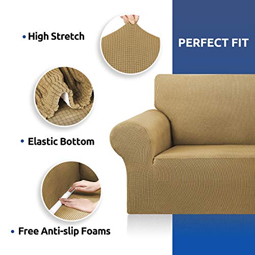 KEKUOU Stretch Sofa Cover Slipcover ,Couch Covers for 3 Cushion Couch Sofa pet Friendly (79"-94") Furniture Protector Sofa with Elastic Bottom for Kids,Dog, Jacquard Small Checked(Large,Tan)
