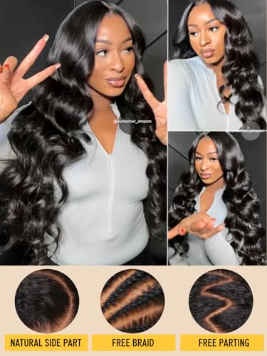 Image of Sunber Body Wave Human Hair Lace Frontal Glueless Wig 13x4 Pre Everything Pre Cut Lace Front Drawstring Wig Bye Bye Knots Pre Plucked with Baby Hair 150% Density 20Inch Pull Go Wigs