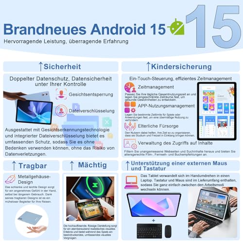fezawio 10,1 Zoll Android 15 Gaming Tablet Gemini AI 30GB RAM +128GB ROM, Octa-Core 8000mAh, WiFi6, Widevine L1, GMS, 3.5mm Audio, GPS, Face ID mit Tastatur, Maus und Schutzhülle, Blau 2