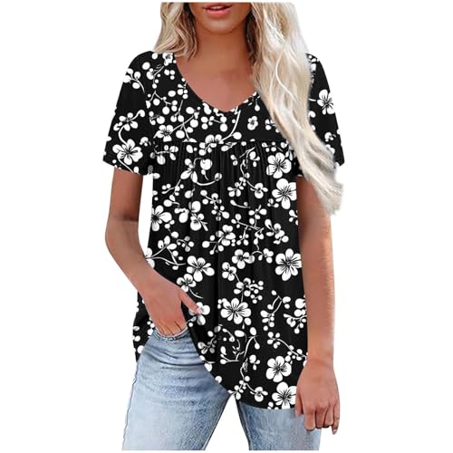 Blusas casuales para mujer, cuello en V, túnica de verano, manga corta, camisas elegantes, blusas plisadas florales, cómodas camisetas básicas para salir, 21 negro, XL