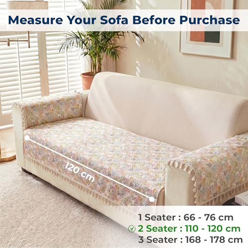 Image of Story@Home Quilted Anti Slip Sofa Cover Mat with 2 Armrest Cover, 2 Seater Velvet Sofa Protector with Tassels | Sofa Cover Mat for 1 /2 /3 Seater & L-Shape Sofa - 76 x 122 Cm - White & Multi Color