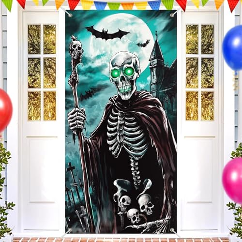 Image of BlissYard Halloween Door Cover Skeleton Moonlight 35x71 Inch Polyester | Door Banner, Wall Decor | Skeleton Entry Accent, Moonlight Backdrop | Porch, Hallway, Party (Spooky Art)