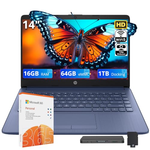 Image of HP Stream 14" HD Student & Business Laptop, Intel Celeron N4120, 16GB RAM, 1.06TB Storage (64GB eMMC + 1TB Docking Station), Intel UHD Graphics, 1 Year Office 365, Wi-Fi 5, Win 11, Royal Blue