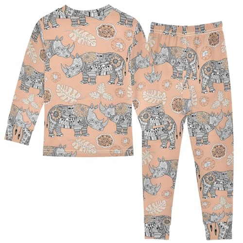 Pajama Sets Long Sleeve Rhino Pattern with Leaf Vintage Soft Comfy Sleepwear 2 Piece PJS 3-8T3