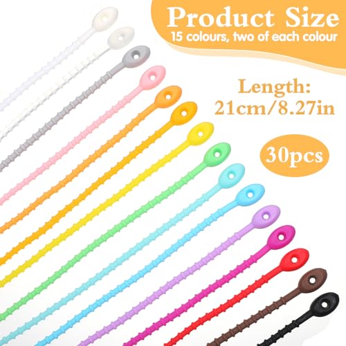 XLIUAX 30 Pack Silicone Zip Ties, 8.2 Inch Colorful Tie Clips Rubber Reusable Twist Ties Cable Strap for Home Office Kitchen Cord Organizer Food Bag Sealing Tie - Thumbnail 6