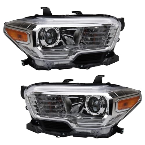 Image of TRQ 2 Piece Headlight Assembly Set Halogen Chrome Bezel Driver & Passenger Side Compatible with Toyota Tacoma 2016-2018 Without LED Daytime Running Lights Without Fog Lights TO2502242 TO2503242