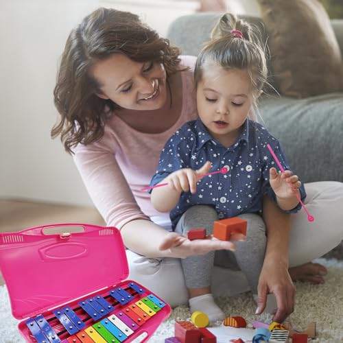 Image of Xylophone Instrument for Kids 25 Notes Metal Glockenspiel Xylophone Percussion with Case Two Safe Mallets, Perfectly Tuned Musical Instrument Toddlers Adult Music Teaching, Gifts(Pink)