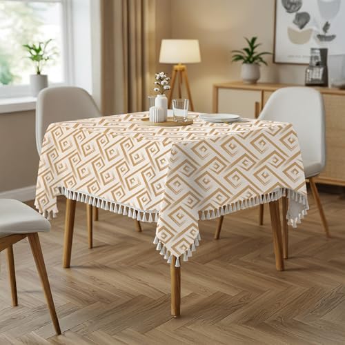 Image of Urban Space 100% Cotton Square Dining Table Cover, Printed Anti Skid Table Cloth for Dining /Center Table, for Upto 4 ft x 4 ft Table (Size - 48 inch x 48 inch - Square, Basics Taupe)