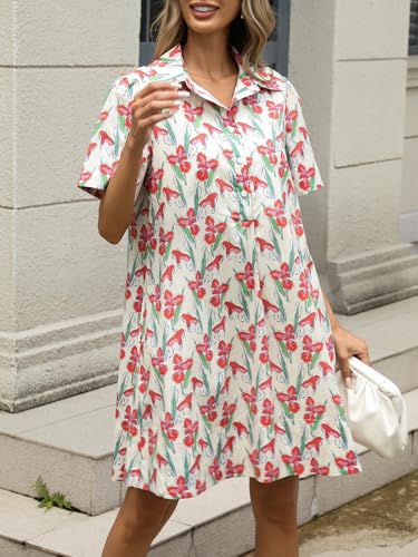 Image of LifeShe Summer Floral Dress Women's Printed Casual Sundress Short Sleeve Button Up Shirt Dresses with Pockets