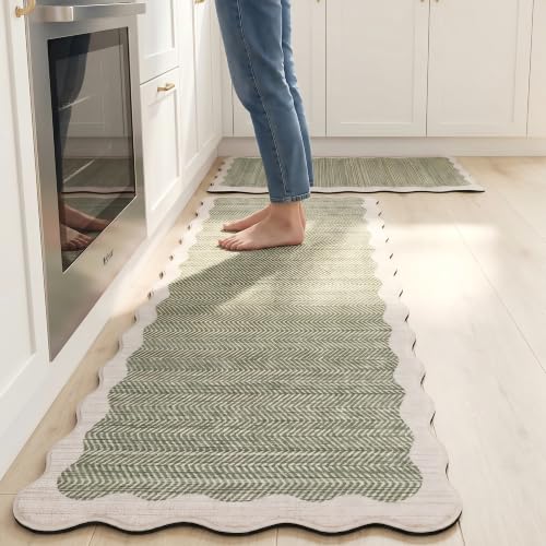 Scalloped Sage Green Vintage Boho Elegance Kitchen Rug Sets [2 PCs], Anti-Fatigue, Waterproof Non-Slip Kitchen Mats Heavy Duty Comfort Foam Rug for Kitchen, Floor, Laundry,17.3"x29"+17.3"x47"