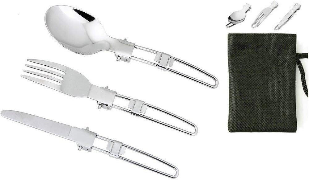 JTDEAL 2 Sets Camping Cutlery Stainless Steel Camping Utensils Outdoor Cutlery Foldable Robust for Camping Trekking Hiking with Carrying Case(Fork/Knife/Spoon)