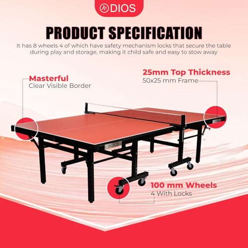Image of DIOS Table Tennis (T.T) Table| Tournament-Grade Ping Pong Table | Quick Assembly | Foldable with Playback Mode | Indoor & Professional Use (Pink, 15MM) WTT Qatar Edition