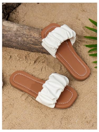 Image of GORGLITTER Girl's Ruched Single Band Chic Flats Square Open Toe Pu Leather Slide Sandals