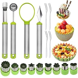 17 Pack Melon Baller Scoop Set – 4 in 1 Stainless Steel Fruit Tool Set Fruit Scooper Seed Remover with Fruit Vegetable Cutter Shapes Set Fruit Peeler for Fruit Slicer Dig Pulp Separator (A)