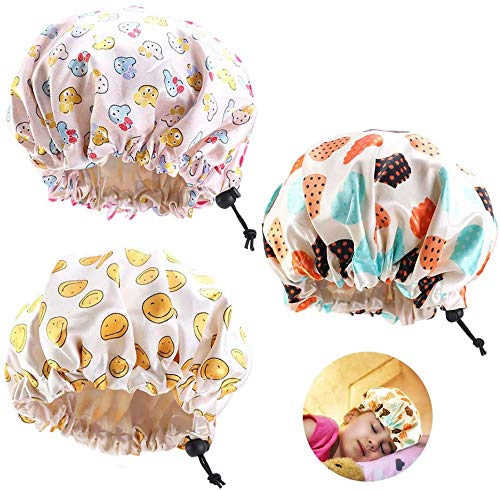 Allnice Kids Satin Bonnets 3 Pcs Adjustable Hair Bonnet Double Layers Satin Night Sleep Cap Soft Sleeping Hat Head Cover Satin Sleep Bonnet Cap High Elestic Fits for Teens Toddler Child (1-6 Years)