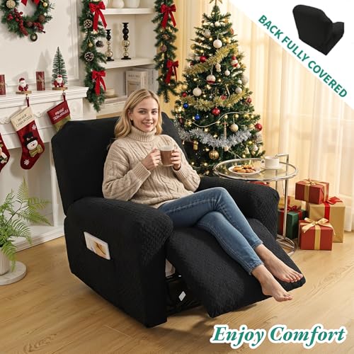 Image of YEMYHOM 4 Pieces Stretch Recliner Slipcover Jacquard Recliner Chair Cover with Side Pocket Anti-Slip Fitted Recliner Cover Couch Furniture Protector with Elastic Bottom (Recliner, Black)