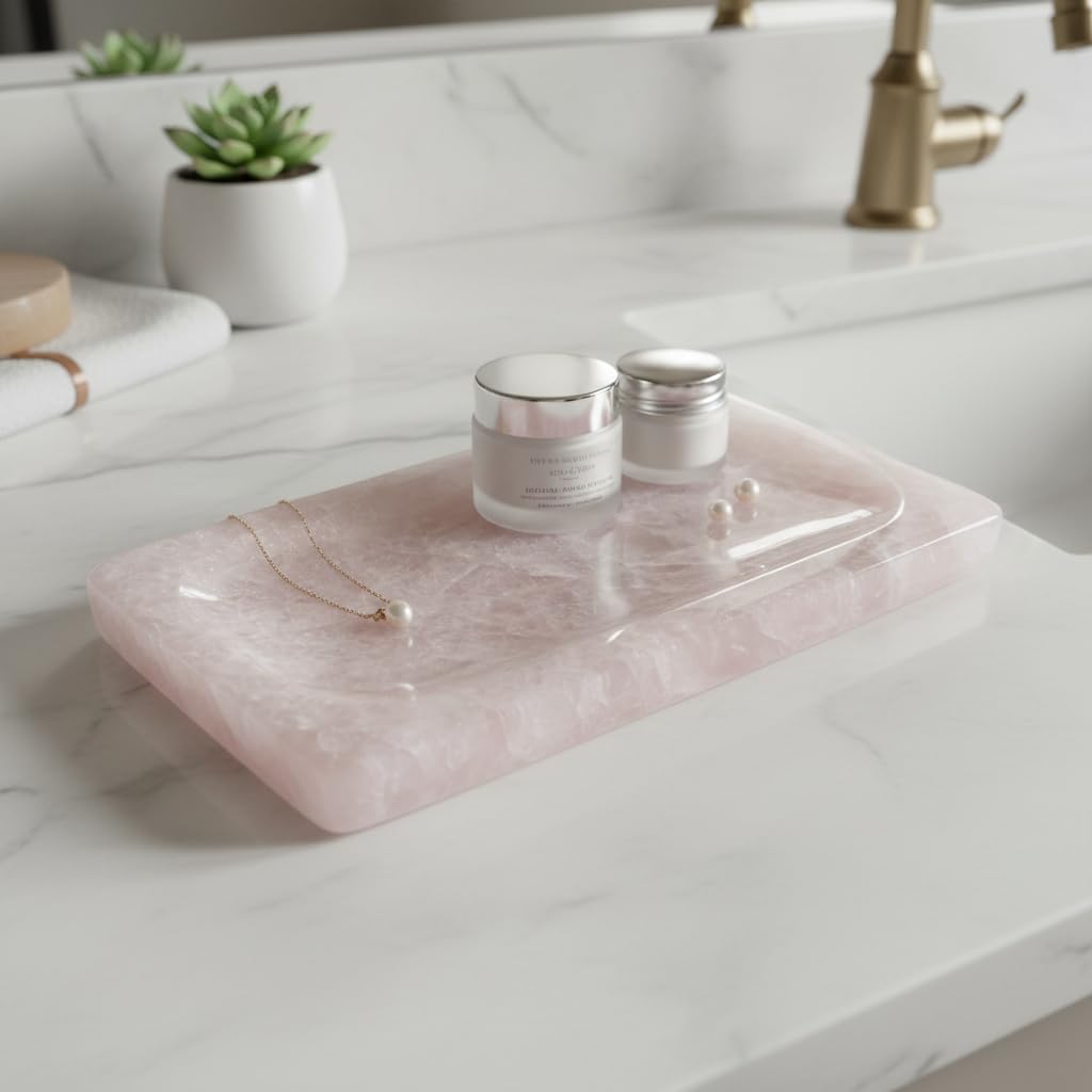 Large Natural Rose Quartz Crystal Tray - 9.8" Pink Stone Jewelry Dish & Aesthetic Cosmetic Organizer - Luxury Decorative Catchall for Vanity, Bathroom, Nightstand Decor