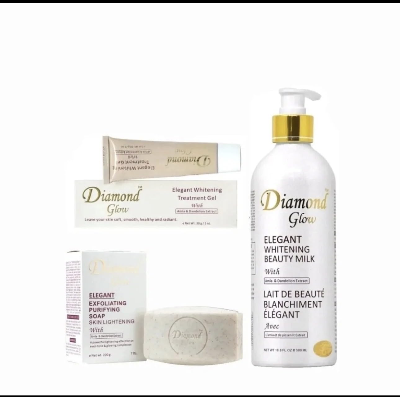 Diamond Glow Elegant Whitening Lotion 500ml + Whitening soap 200g + treatment Gel 30g - 3pcs Set, with Amla & Dandelion Extract