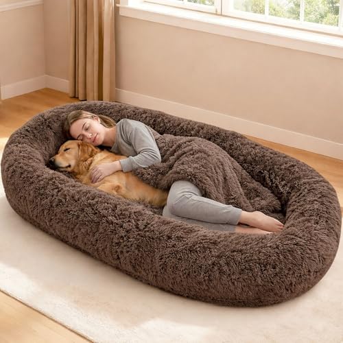 71'x44'x12.5' Human Dog Bed for Adult Faux Fur Washable Human Dog Bed Portable Handle, Egg Orthopedic Foam Human Bed Extra Large with Present Blanket Brown