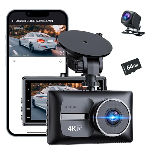 Dash Cam Front and Rear, 4K+1080P Dual Dash Camera for Cars with 64GB Card, 170°Wide Angle Mini Car Camera, 3” IPS Screen, WDR Night Vision, G-Sensor, Parking Monitor