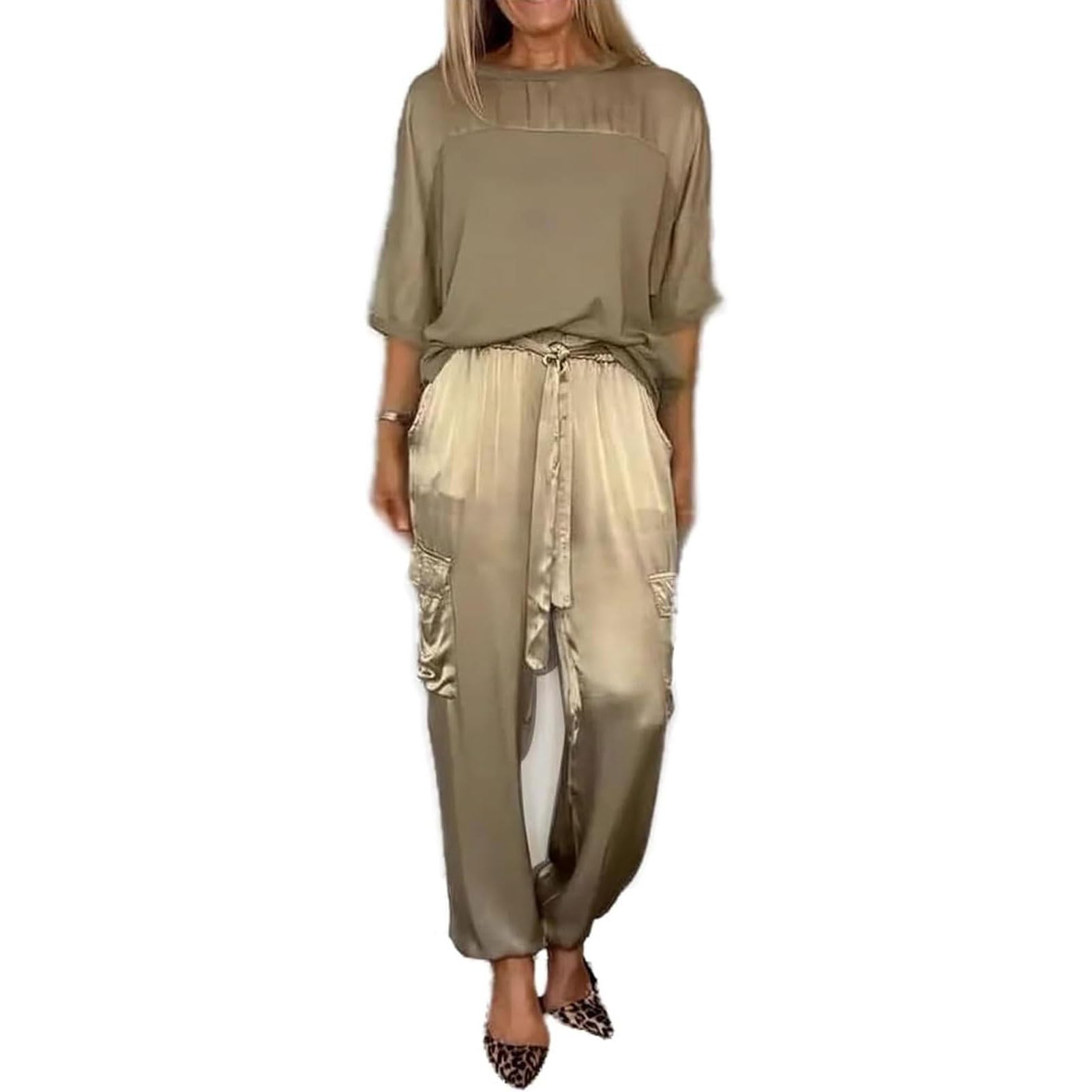GOZYLA Chándal Elegante de 2 Piezas para Mujer, Manga Corta Satén Liso Chándal Informal Completo de Verano Conjunto de Dos Piezas con Curvas Tallas Sueltas Chándal Elegante Camisa + Pantalones