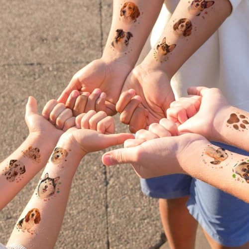 CHARLENT Glitzernde Temporäre Hunde Tattoos für Kinder– 74 einzelne Blätter | Wasserfest und Leicht Abziehbar | Perfekt für Kindergeburtstage, Hundeliebhaber, als Belohnung in der Schule