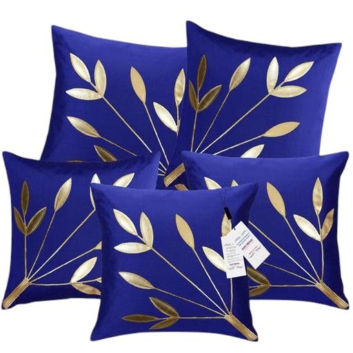 Image of Golden Floral Cushion Covers, 16x16 Inch, Set of 5 (Blue)
