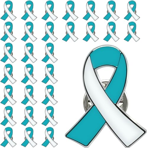 25/50/100/200 pieces Teal and White Ribbon pin Cervical Cancer Awareness lapel brooch Pins badge Charity fundraising bulk