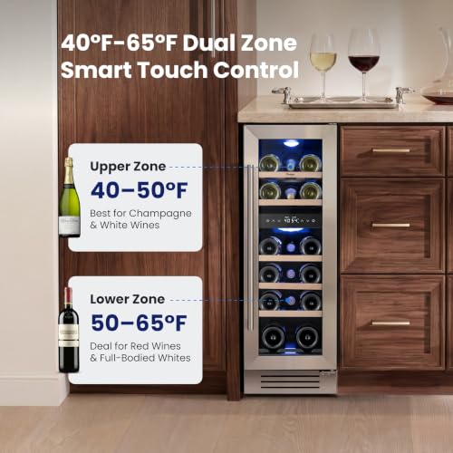 Image of Yeego Wine Fridge Cooler - 12 Inch Wine Fridge Hold 17 Bottles, 40-65F Dual Zone Wine Refrigerator Glass Door, Built in, Freestanding or Under Counter Fridge for Home Bar Office