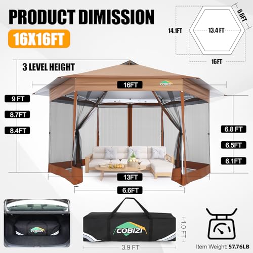 Image of COBIZI 16x16 Pop Up Gazebo Tent with Mosquito Netting, Gazebos on Clearance, Hexagonal Outdoor Canopy Shelter, Patented Center Lock 6-Sided Portable Gazebos, Pop Up Canopy Tent for Backyard, Brown