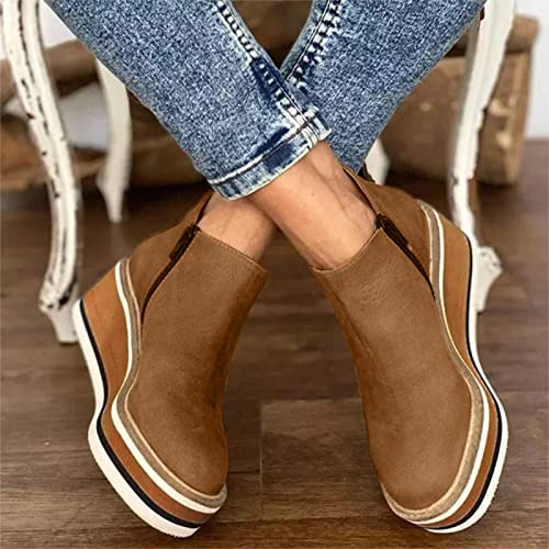 Platform Wedge Ankle Booties for Women Ladies Fashion Casual Leather Round Toe Chunky Bottom High Heels Ankle Boots High Top Slip on Walking Shoes Winter Fall Dress Short Boots Three Color Block3