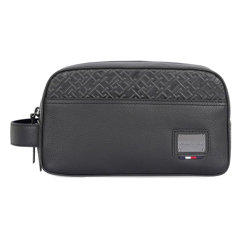 Unisex Bouverie Toiletry Travel Kit Bag - Black | Tommy Hilfiger Pebbled Textured with Embossed Toiletry Kit | 3L Capacity | Cosematic Bag-image-3
