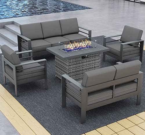 LayinSun Aluminum Furniture Set with Fire Pit Table, 5 Pieces Patio Sectional Conversation Chat Sofa Modern Seating Set