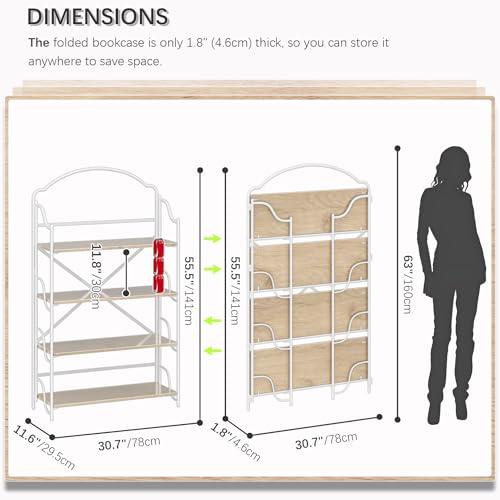 Image of 4NM No Assembly Folding Bookshelf for Living Room, 4 Tiers Collapsible Book Shelves Open Industrial Foldable Bookcase Storage Shelf for Home Office - Oak