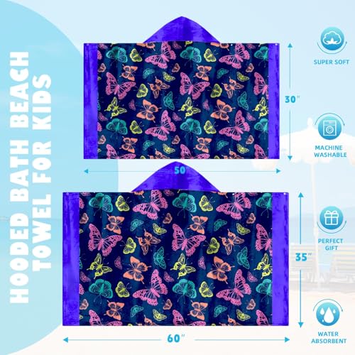 Image of Butterfly Print Girls Beach Towel with Hoodie for Kids Toddlers Age 4-8, Colorful Bath Towels Shower Wrap for Girls, Hooded Poncho Beach Blanket for Pool Swimming Cute Wearable Bath Towel for Child