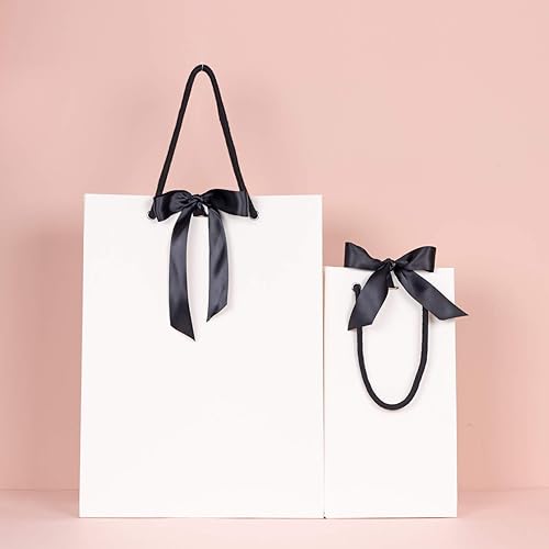 Miniatura 3 de PAPERIST 12 bolsas de regalo Elegance con lazo de satén, bolsa de regalo gruesa resistente y duradera, bolsa de regalo blanca con asa negra y cinta
