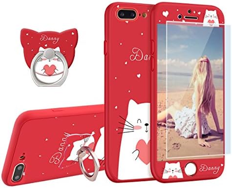 Newseego Compatible with iPhone 7 Plus Case,iPhone 8 Plus Case, 360 Full Body Cute Cartoon Slim Cover Soft Flexible TPU Protector Skin with Ring Holder Stand for iPhone 7/8 Plus-Red Cat