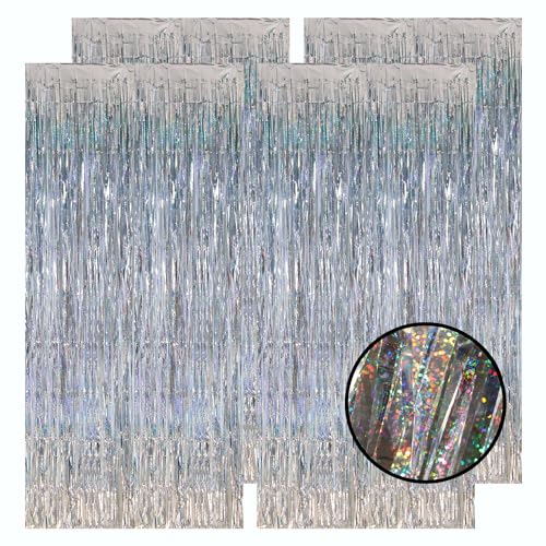 4 Pcs Laser Foil Curtain | 6.6x3.3ft Glitter Tinsel Curtain Metallic Curtain Fringe | Foil Curtain Backdrop Streamers for Birthday Wedding Bridal Baby Shower Party Decoration (Sliver)
